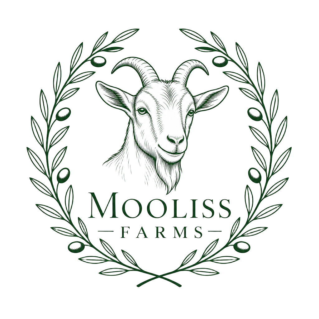 Mooliss Farms logo: goat head within an olive laurel wreath
